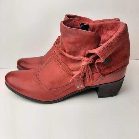 MJUS \ Chunky Heel Genuine Leather Booties w/ Foldover Detail Red Sz 8 US Eur 39 - Picture 8 of 15